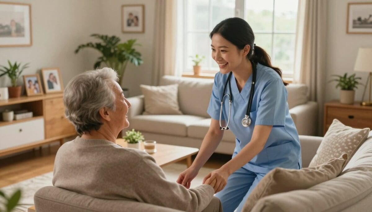 Nurse providing in-home health care to elderly patient in a warm, inviting living room, emphasizing personalized care and emotional support for recovery.