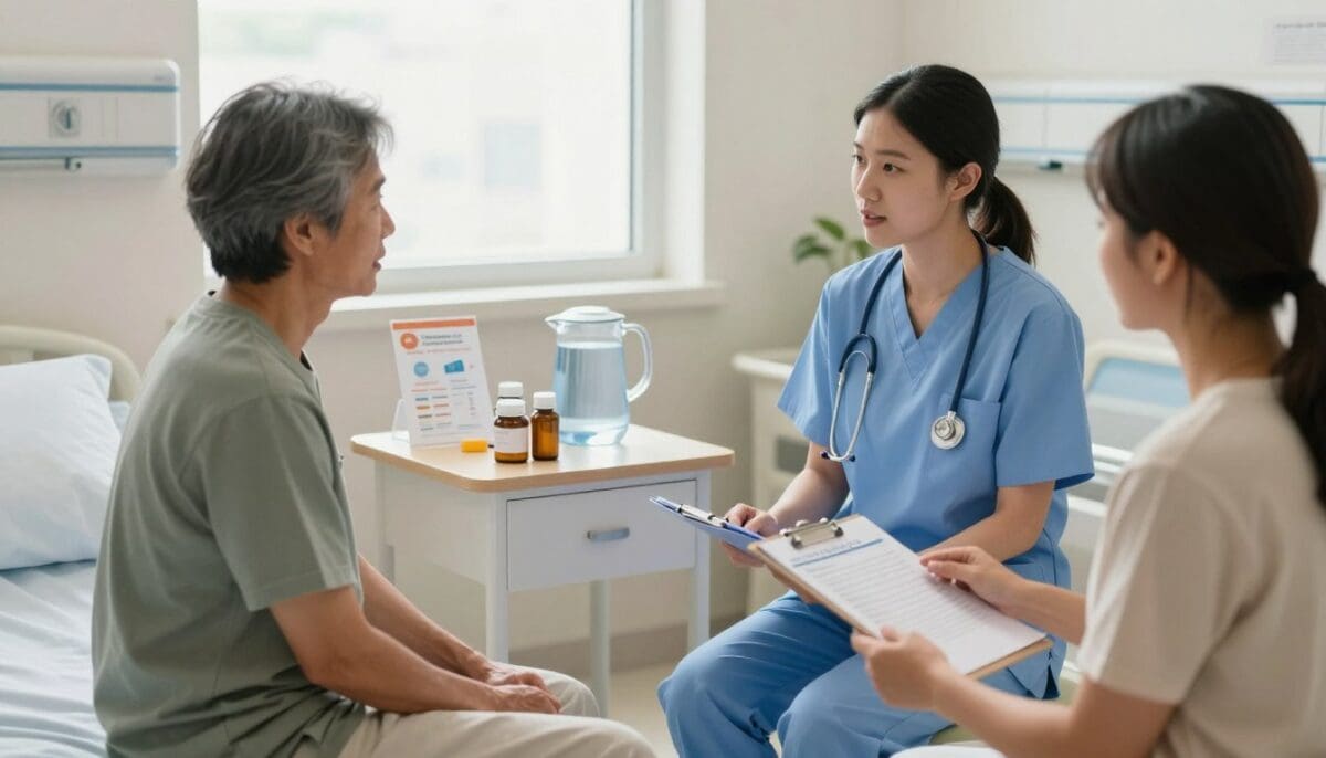 Nurse discussing discharge instructions with patient and family in a well-lit hospital room, emphasizing preparation for safe return home.