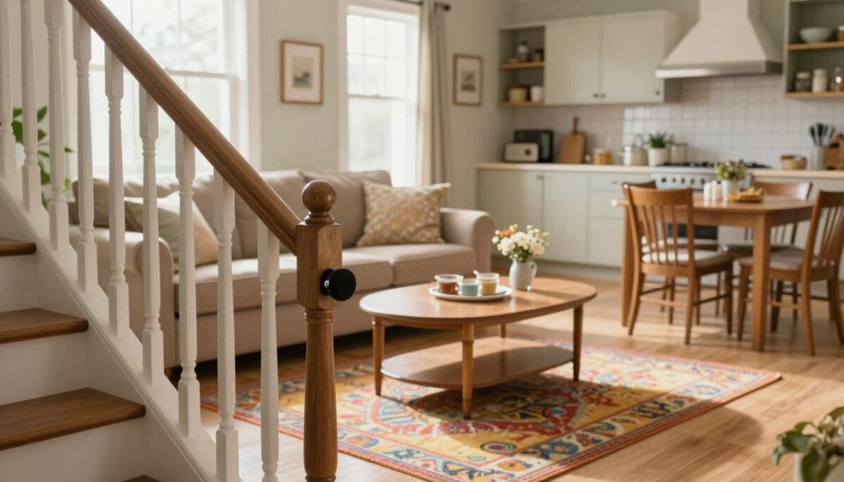 A well-lit, inviting living room tailored for older adults, showcasing various home safety modifications. In the foreground, a sturdy handrail next to a staircase, highlighting its grip and easy accessibility. In the middle, a plush sofa with strategically placed cushions for support, alongside a coffee table with rounded edges to prevent accidents. A brightly colored, non-slip rug adds warmth while ensuring safety. The background features a well-organized kitchen with cabinet pull-down shelves and an adjacent dining table set with easy-to-reach utensils. Soft, natural light floods through a window, creating a warm, welcoming atmosphere. The overall mood conveys comfort, security, and independence for seniors in their home environment, with no people present in the scene.