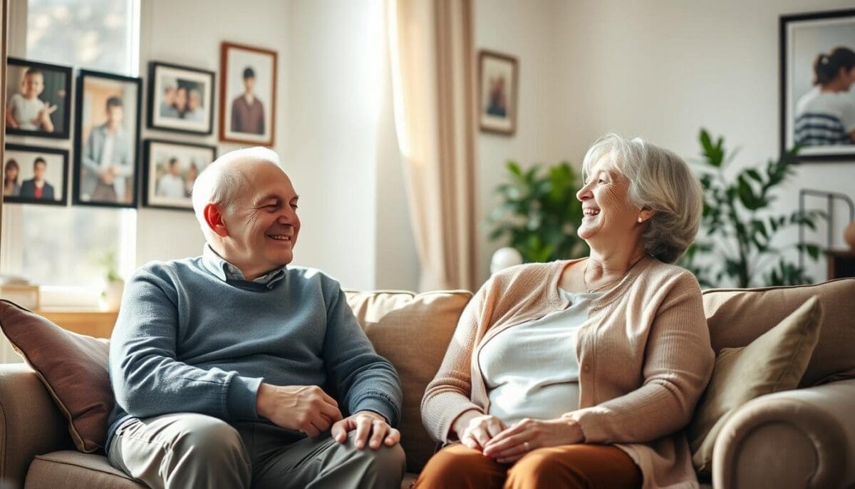 An elderly couple sitting comfortably in their cozy living room, surrounded by warm natural light streaming through a window, emphasizing a peaceful atmosphere. The man, dressed in a simple, smart sweater and slacks, smiles gently, while the woman, wearing a modest blouse and cardigan, laughs softly as she shares a moment with a home care nurse, who is dressed in clean, professional attire. In the background, family photos adorn the walls, and a houseplant adds a touch of life. The lens captures a soft focus on the couple while maintaining clarity on the nurse, creating an intimate and caring mood that reflects the emotional support and warmth of home health care.