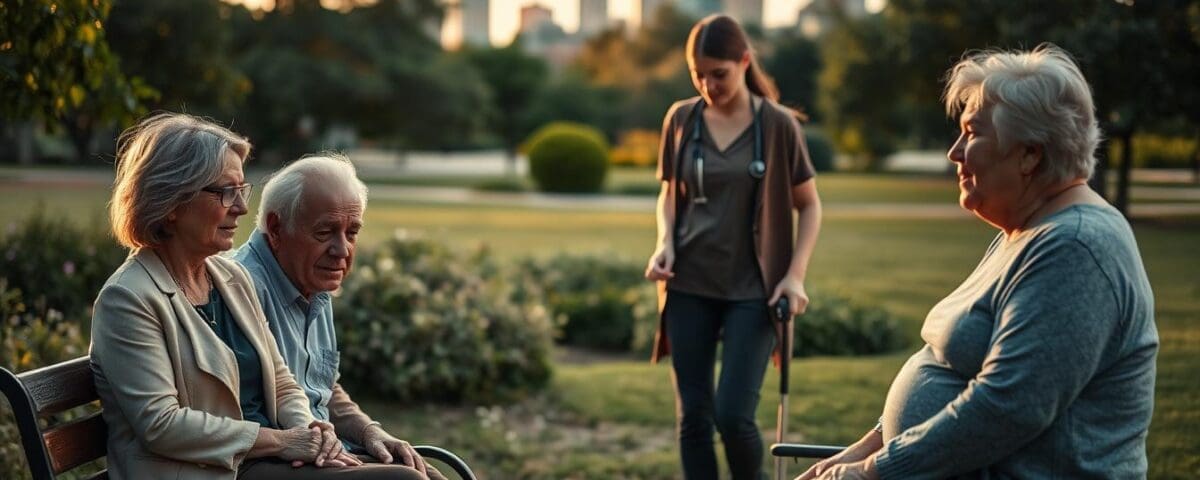 Caregiver supporting senior with walking aid in San Antonio park for fall prevention.