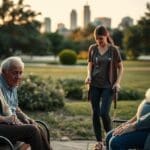 Caregiver supporting senior with walking aid in San Antonio park for fall prevention.