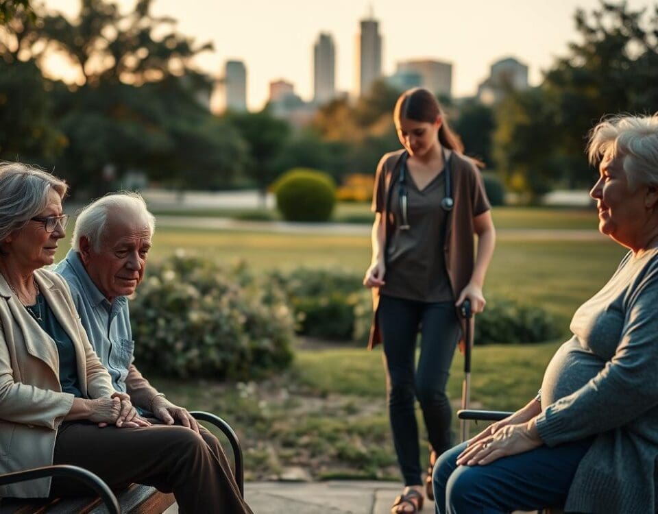 Caregiver supporting senior with walking aid in San Antonio park for fall prevention.
