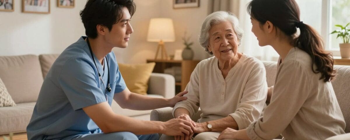 Caregiver in scrubs interacting with elderly woman and family member, emphasizing caregiver support and emotional connection in home health setting.