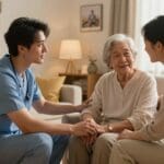 Caregiver in scrubs providing support to elderly woman at home, with family member present, emphasizing in-home health care and emotional connection.