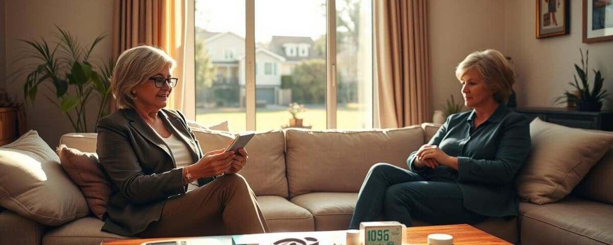 Two women engaged in a discussion in a comfortable living room, emphasizing in-home health care and chronic disease management.