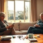 Two women discussing health management in a home setting, with medical supplies on the table, emphasizing in-home chronic disease management and personalized care.