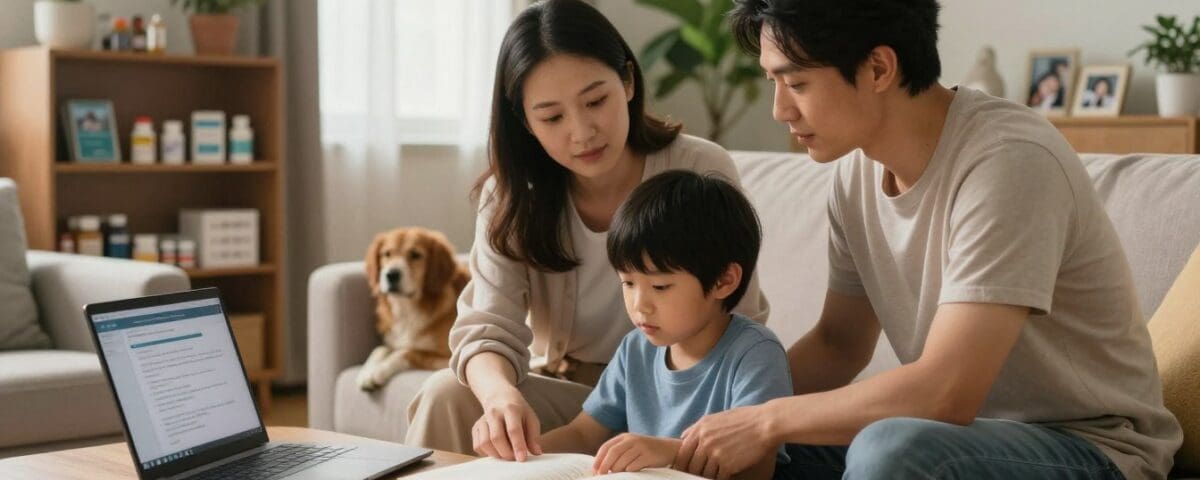Family engaged in in-home care activities, focusing on chronic disease management, with a laptop displaying health information, while a child reads and a dog relaxes nearby.