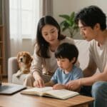 Family engaging in home-based learning with a child, emphasizing the supportive environment for recovery and development, alongside a dog.