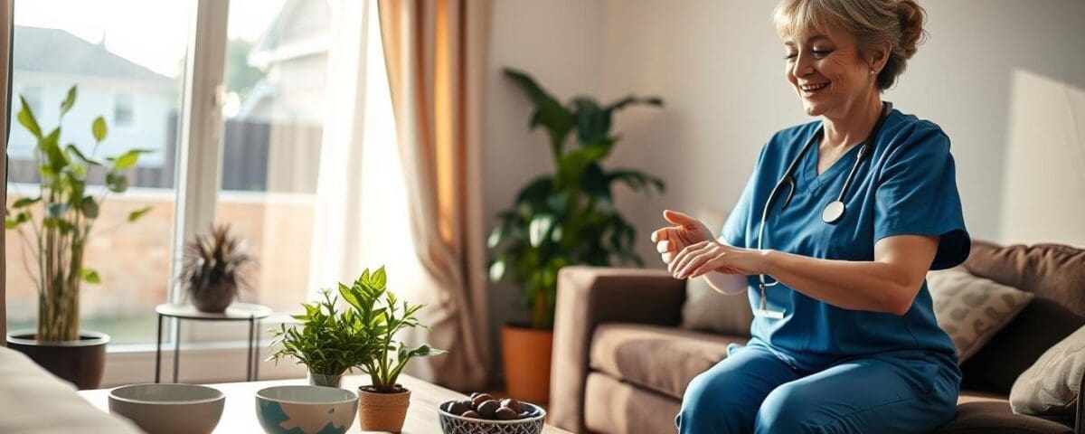Nurse in scrubs providing home health care support to diabetic patient, emphasizing personalized care in a comfortable living room setting with plants and bowls.