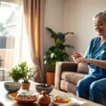 Nurse providing diabetic care and support in a home setting, emphasizing compassionate health management for seniors in San Antonio.