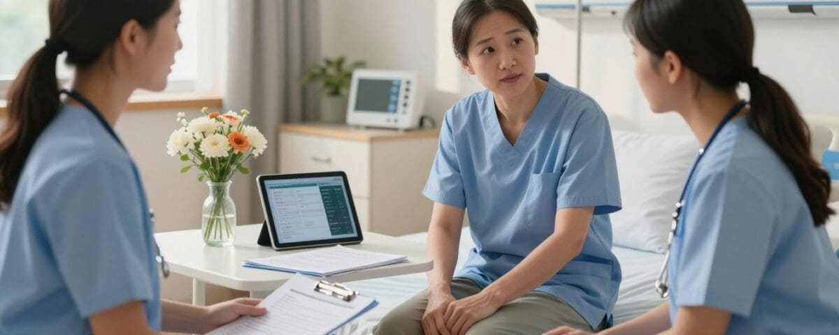 Three healthcare professionals in blue scrubs discussing discharge planning, with a tablet and flower arrangement on a table, emphasizing in-home care and patient transition.