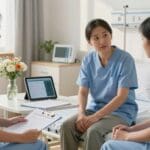 Nurse discussing discharge planning with caregivers in a hospital setting, emphasizing support for safe transition and recovery at home.