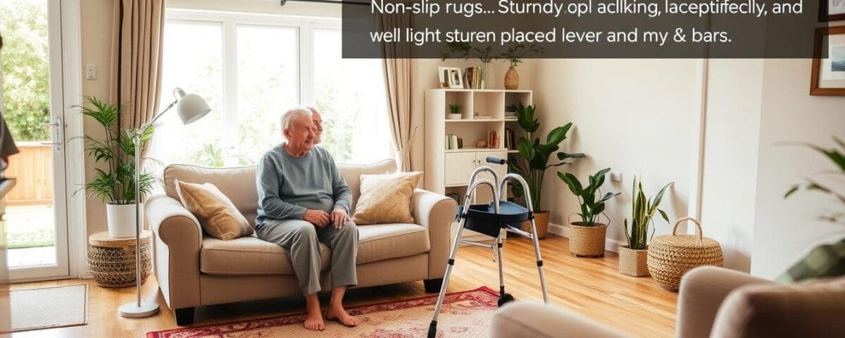 Senior using walker in a safe home environment with grab bars and non-slip rugs for fall prevention in San Antonio.