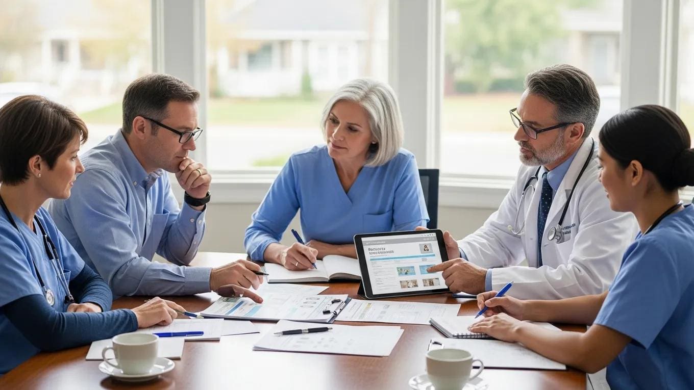 Healthcare professionals collaborating on patient care plans in a professional setting
