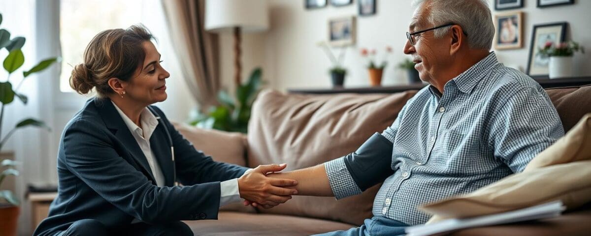 Home health caregiver assisting elderly man with heart disease in San Antonio.