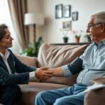 Home health care professional assisting senior with heart disease in San Antonio home.