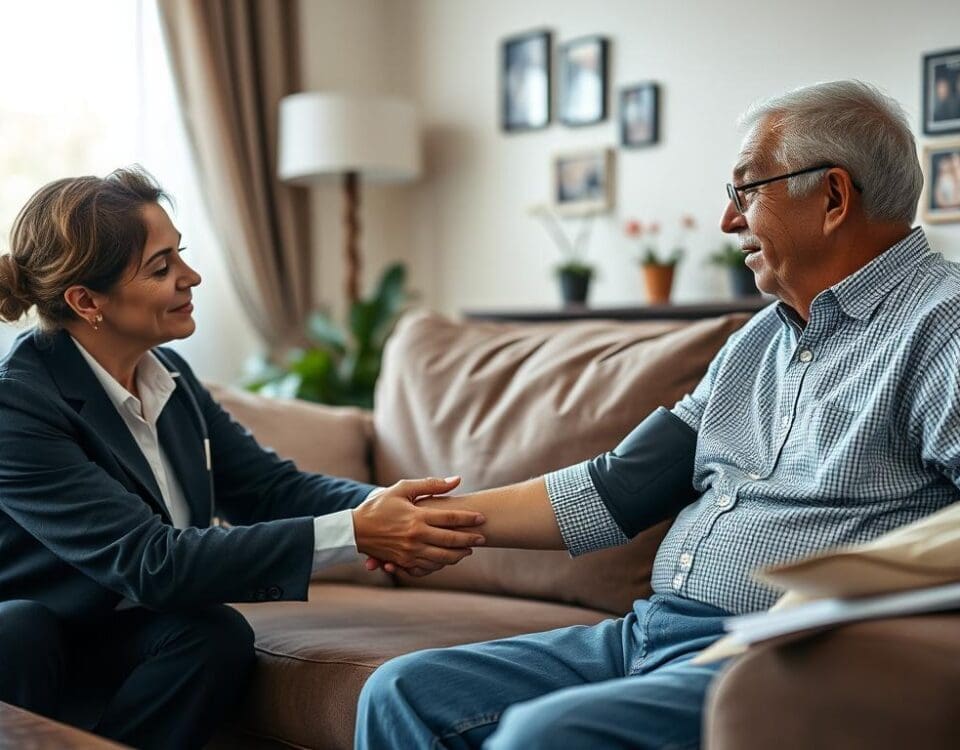 Home health care professional assisting senior with heart disease in San Antonio home.