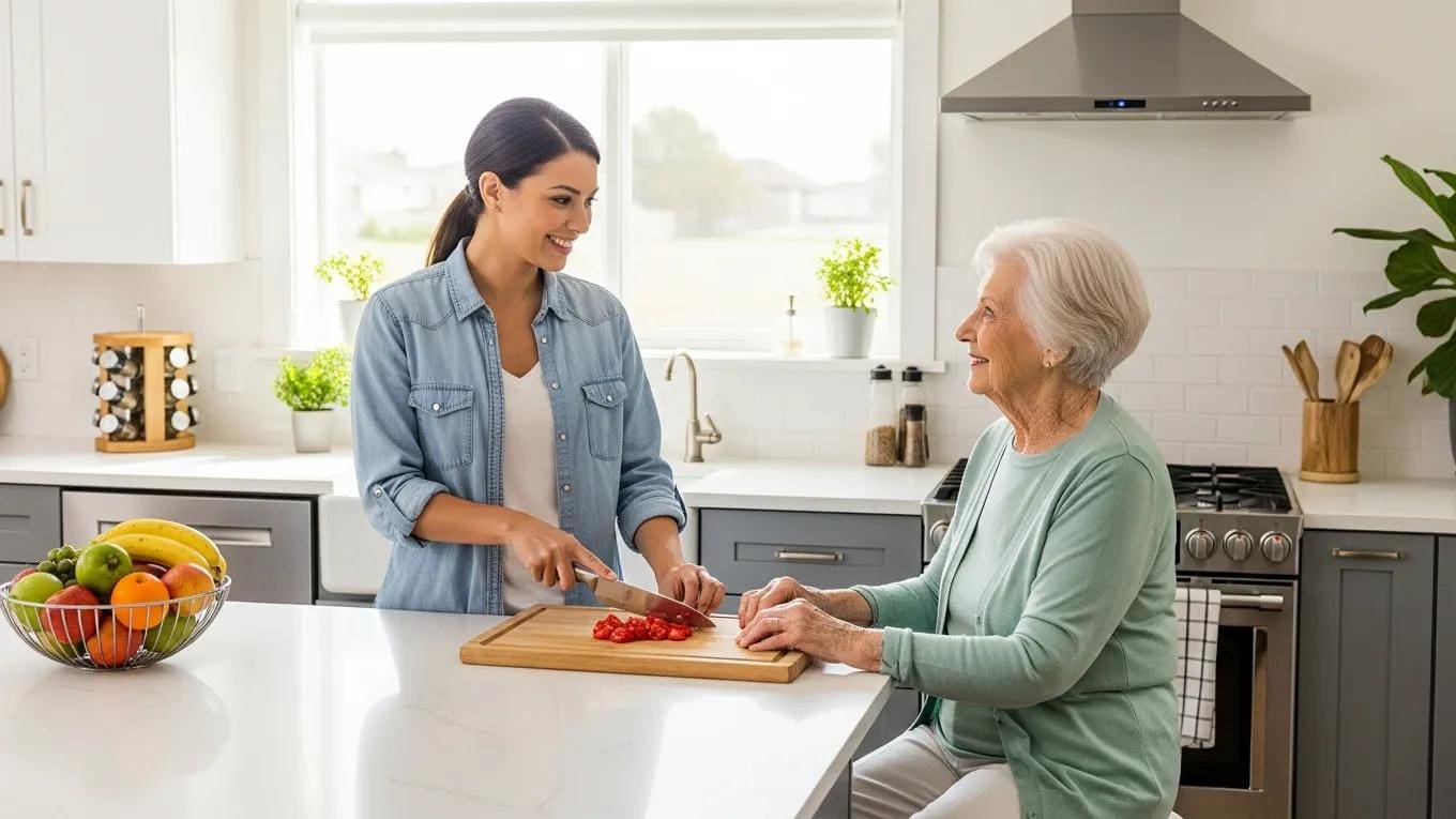 Home health aide assisting senior with meal preparation, showcasing daily living support