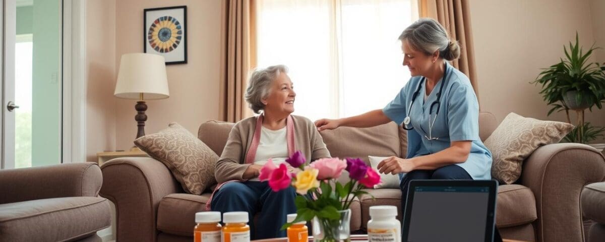 Senior woman receiving in-home health care from nurse, cozy living room setting with flowers and medication bottles, highlighting personalized support for aging in place.