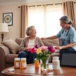 Home health care professional assisting elderly woman in living room, showcasing personalized care and support for chronic wound management in San Antonio.