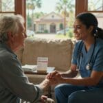 Healthcare professional providing in-home physical therapy to an elderly patient, emphasizing personalized care and rehabilitation in a comfortable setting.