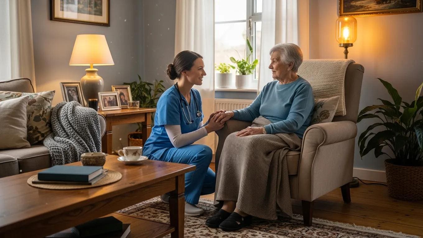 Home health care professional in blue scrubs assisting elderly patient in cozy living room, emphasizing personalized care and support in home health services.