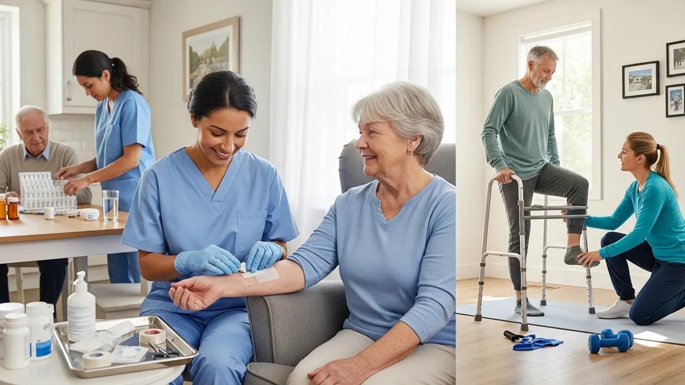 Home health care services including wound care, physical therapy, and medication management