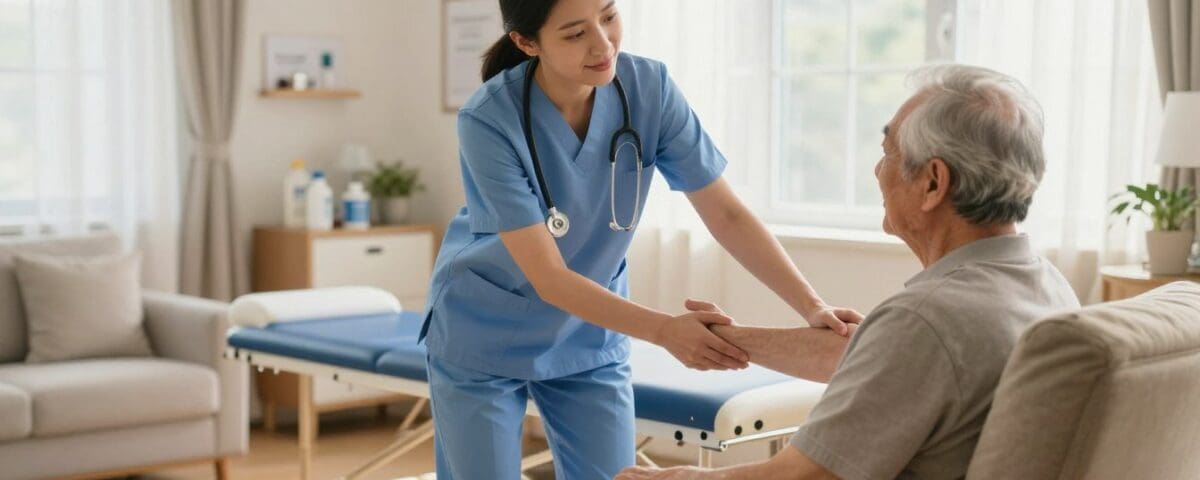 Home health care nurse assisting elderly patient in comfortable living room, emphasizing personalized medical support for recovery.