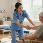 Nurse providing personal care and support to elderly patient in home health setting, emphasizing caregiver assistance and patient well-being.