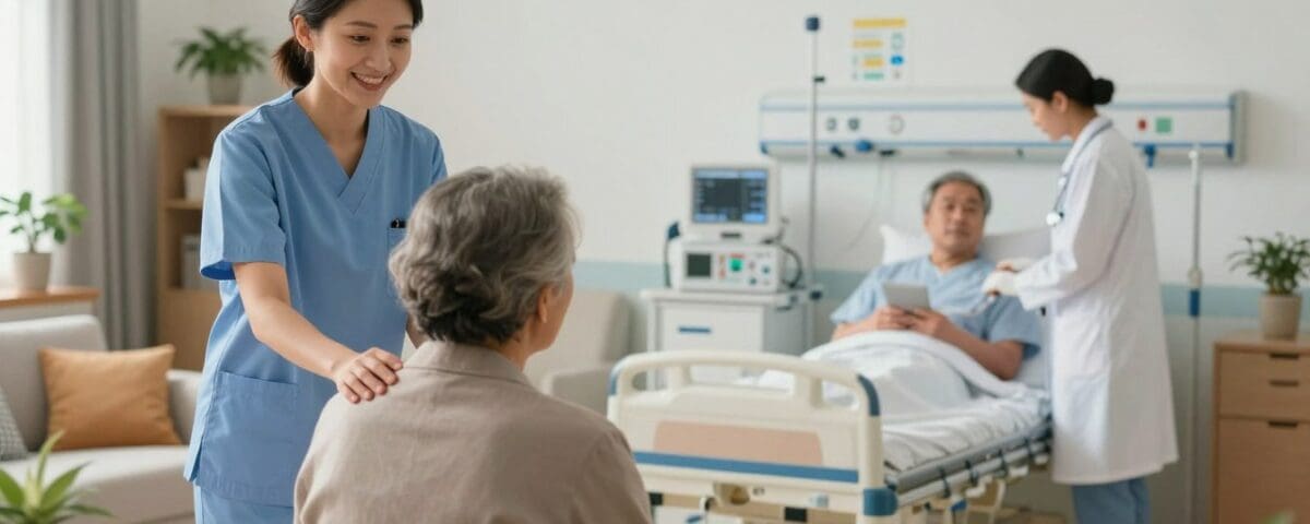 Nurse interacting with elderly patient in hospital room, emphasizing personalized care and support in healthcare settings.