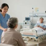 Nurse providing care to a patient in a hospital setting, emphasizing the importance of professional support in health care and recovery.