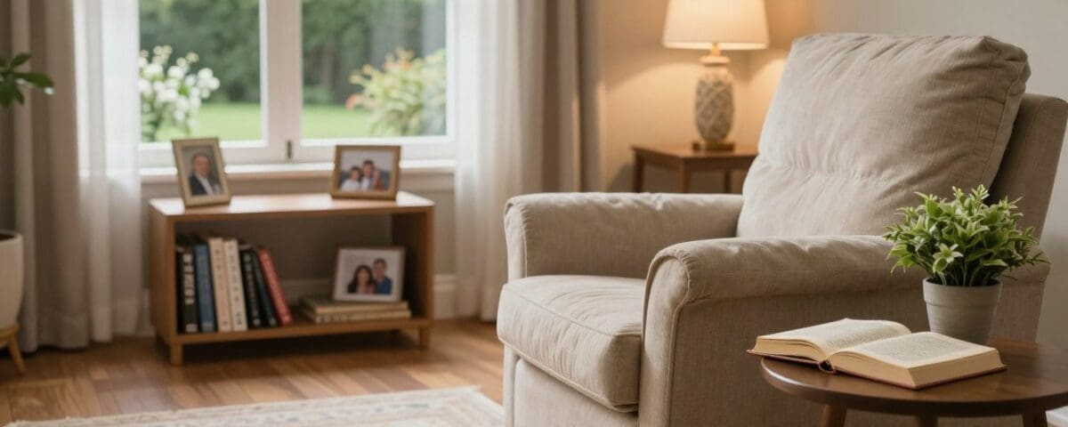 Cozy living room setting with an armchair, lamp, and bookshelf, emphasizing a safe and comfortable environment for seniors and recovery patients.