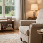 Cozy living room setting with an armchair, lamp, and bookshelf, emphasizing a safe and comfortable environment for seniors and recovery patients.