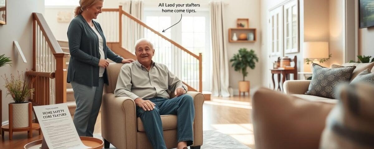 Senior man sitting in a comfortable chair with a caregiver discussing home safety tips, featuring a cozy living room setting with a safety information sign, emphasizing support for seniors in their home environment.