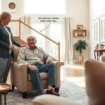 Senior man sitting comfortably in an armchair with caregiver providing support in a well-lit home environment, illustrating personalized in-home care and safety for seniors.