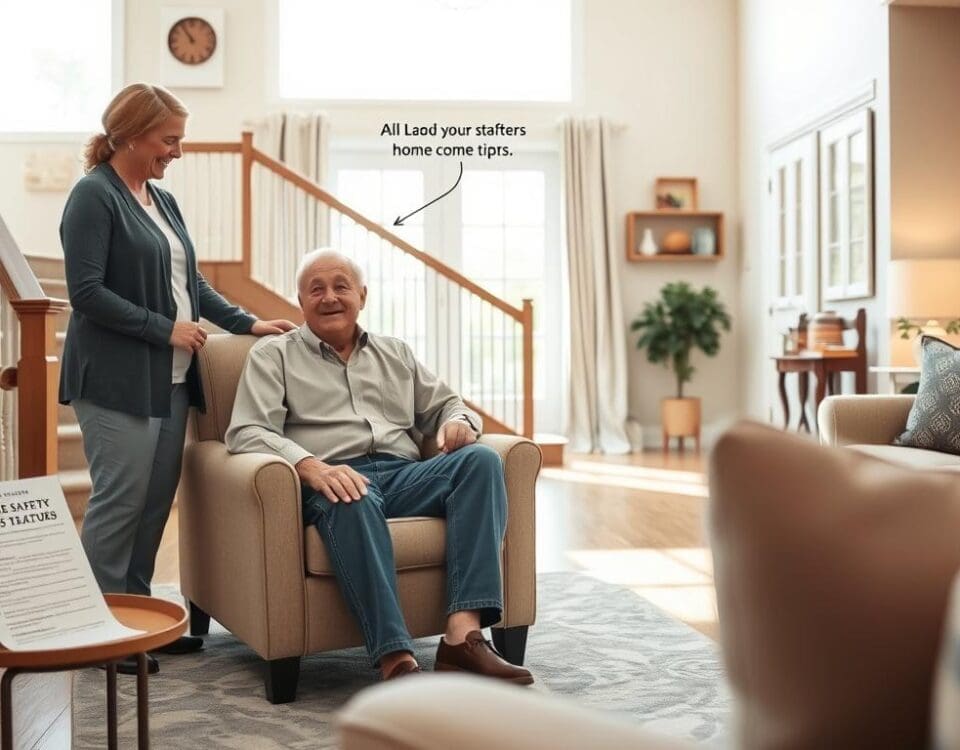 Senior man sitting in a comfortable chair with a caregiver discussing home safety tips, featuring a cozy living room setting with a safety information sign, emphasizing support for seniors in their home environment.