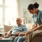 Caregiver assisting elderly man in home setting, emphasizing personalized occupational therapy for seniors' independence and recovery.