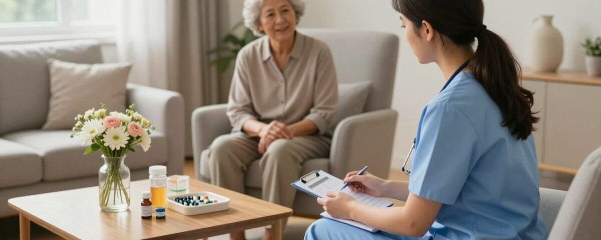 In-home nursing care session with a nurse in blue scrubs consulting an elderly patient in a cozy living room, featuring a table with medication bottles and a vase of flowers.