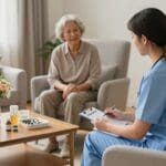 In-home nursing care session with a nurse in scrubs discussing medication with an elderly patient in a comfortable living room setting.