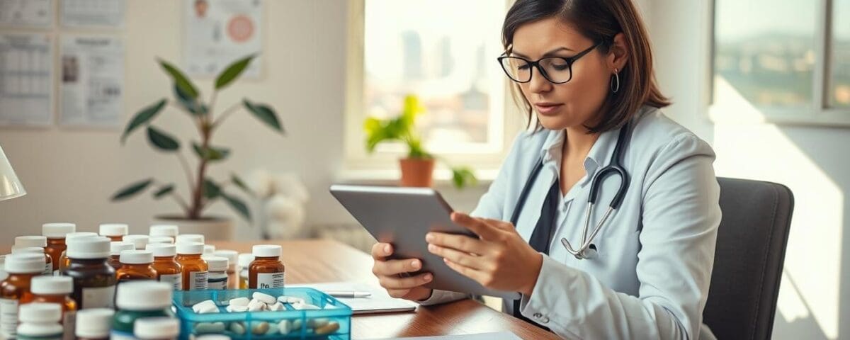 Healthcare professional reviewing medication management on a tablet, surrounded by prescription bottles and a tray of pills, in a well-lit office setting.