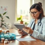 Healthcare professional reviewing medication management options with prescription bottles and a tablet, emphasizing in-home chronic condition management.