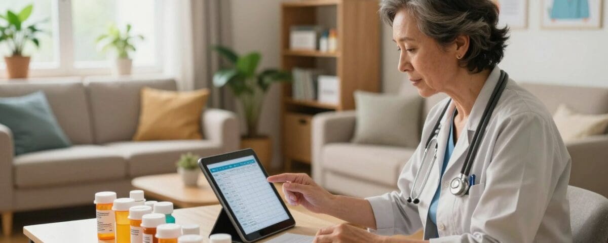 Healthcare professional managing medication on tablet with prescription bottles in home setting, emphasizing medication management services for home health patients in San Antonio.