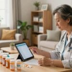 Healthcare professional reviewing medication management on a tablet, surrounded by prescription bottles, emphasizing the importance of medication management for home health patients in San Antonio.