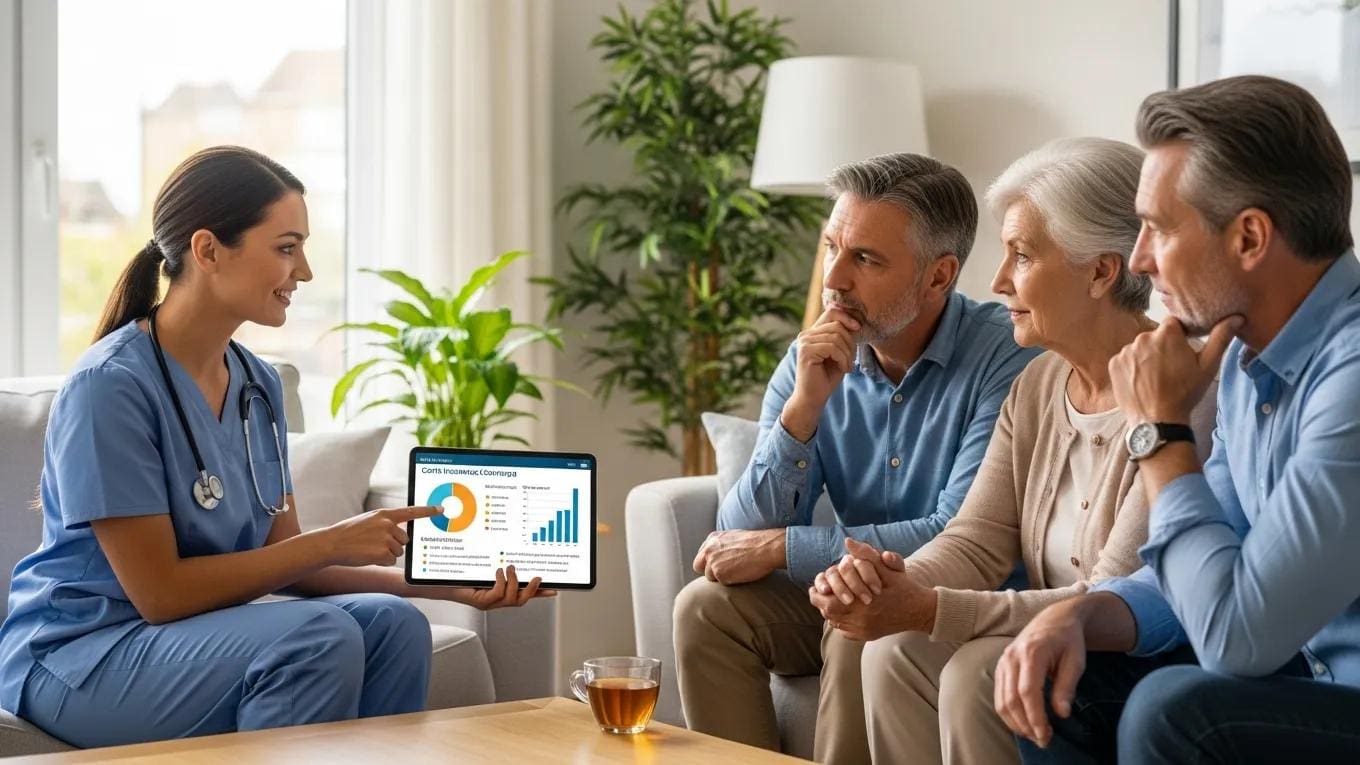 Nurse in scrubs explaining costs and insurance options for home health nursing services to a family, using a tablet displaying charts and graphs.