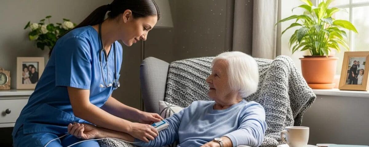 Nurse providing skilled nursing care to elderly patient at home, emphasizing compassionate in-home healthcare from ContinuCare Home Health.