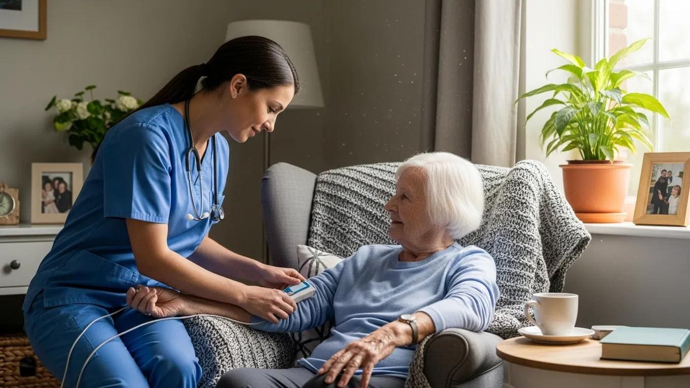 Nurse providing skilled nursing care to elderly patient at home, measuring vitals in a cozy living room setting, emphasizing compassionate in-home healthcare services.