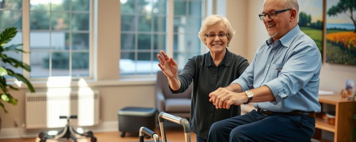 Occupational therapist assisting senior client during therapy session in bright, welcoming rehabilitation space.