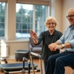 Occupational therapist assisting senior client during therapy session in bright, welcoming rehabilitation space.