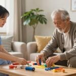 Occupational therapist assisting elderly man with rehabilitation exercises using colorful activity tools at home, highlighting personalized care in San Antonio.